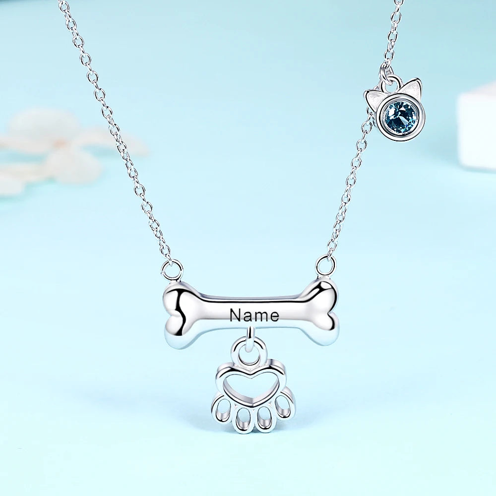 Xiaojing925 Sterling Silver Custom Dog Bone Paw Pendant Necklace Engraved Name and Birthstone Fashion Jewelry for Gift Free Ship