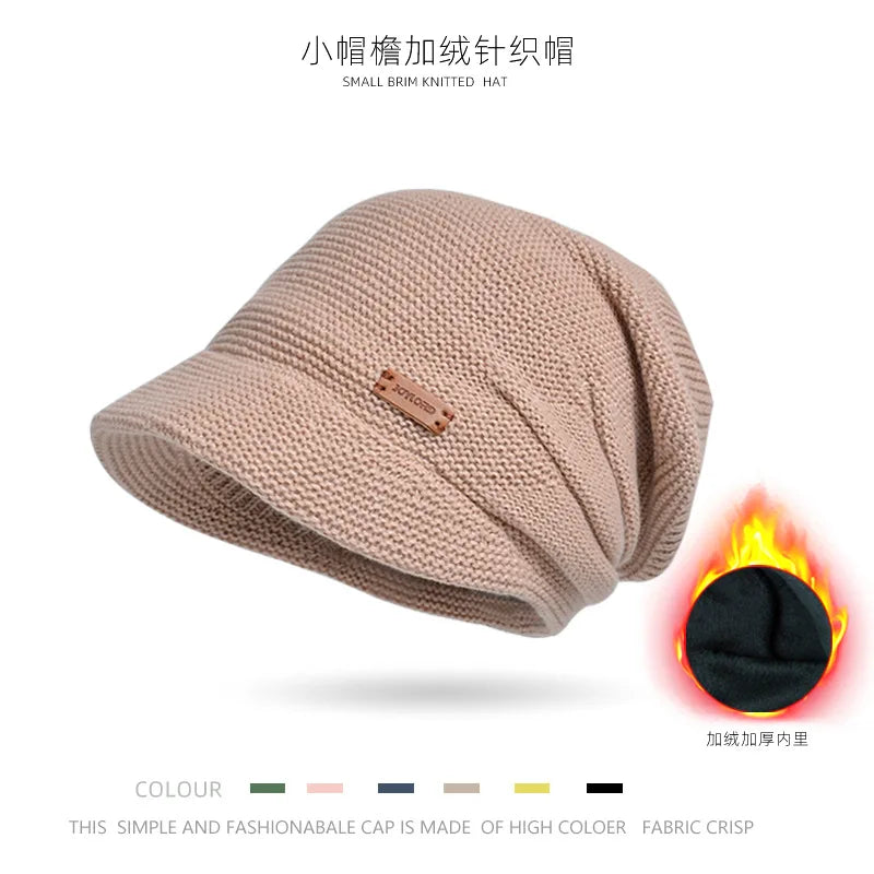 Women's Winter Outdoor Warm Pullover Hat Small Ear Protection Fashionable Beanies with Wide Brim Showing Face Plush Pile