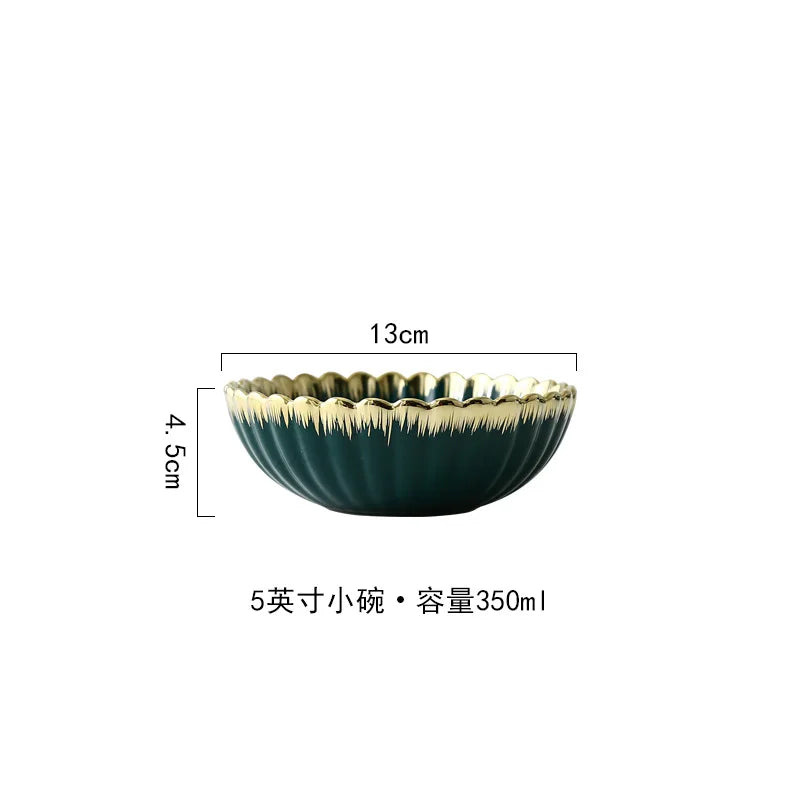 Luxury Vintage Dinner Plates with Gold Rim, Ceramic Oval Platter, Soup Bowl, Salad Bowl, Taste Plate, Green Crockery