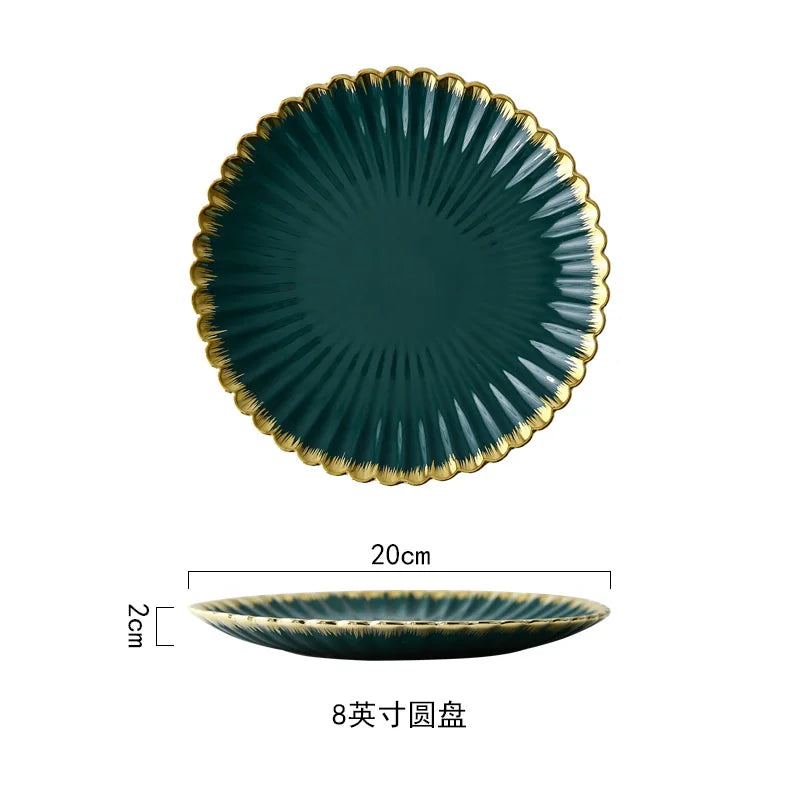 Luxury Vintage Dinner Plates with Gold Rim, Ceramic Oval Platter, Soup Bowl, Salad Bowl, Taste Plate, Green Crockery