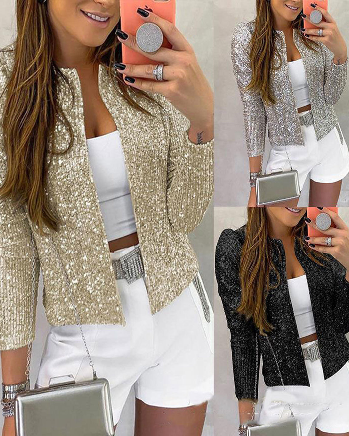 Street fashion stand up collar solid color party flash new jacket cardigan short casual versatile women