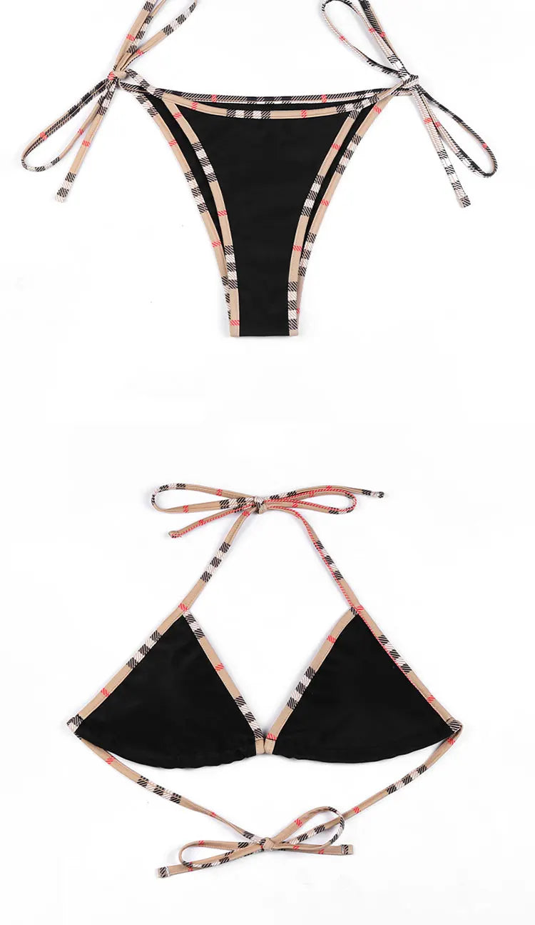 Designer Check Print Bikini Set