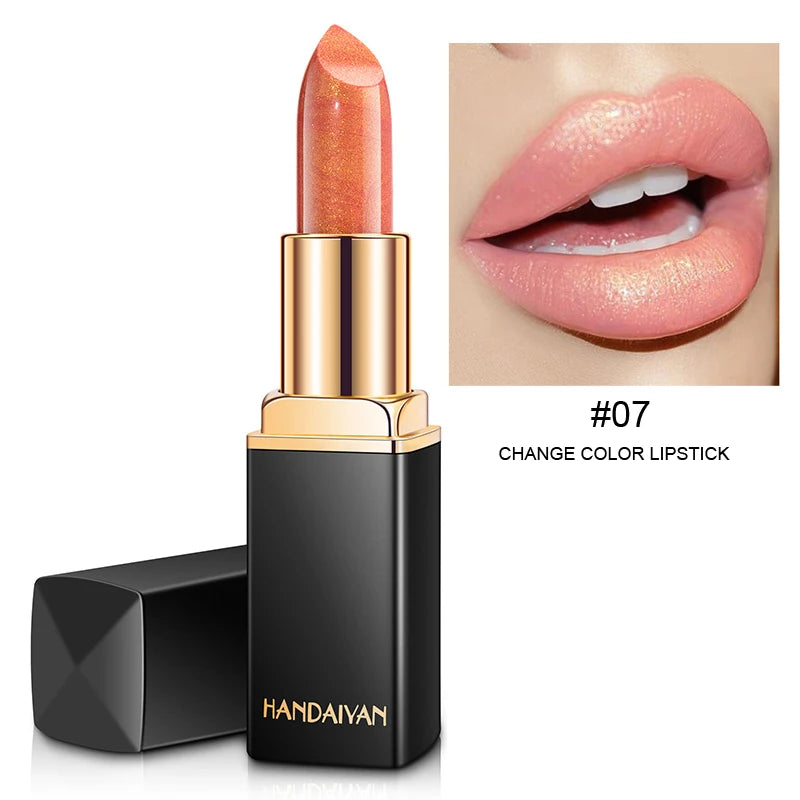 HANDAIYAN 9-Color Temperature-Changing Mermaid Lipstick illuminated to highlight its color-changing effect.