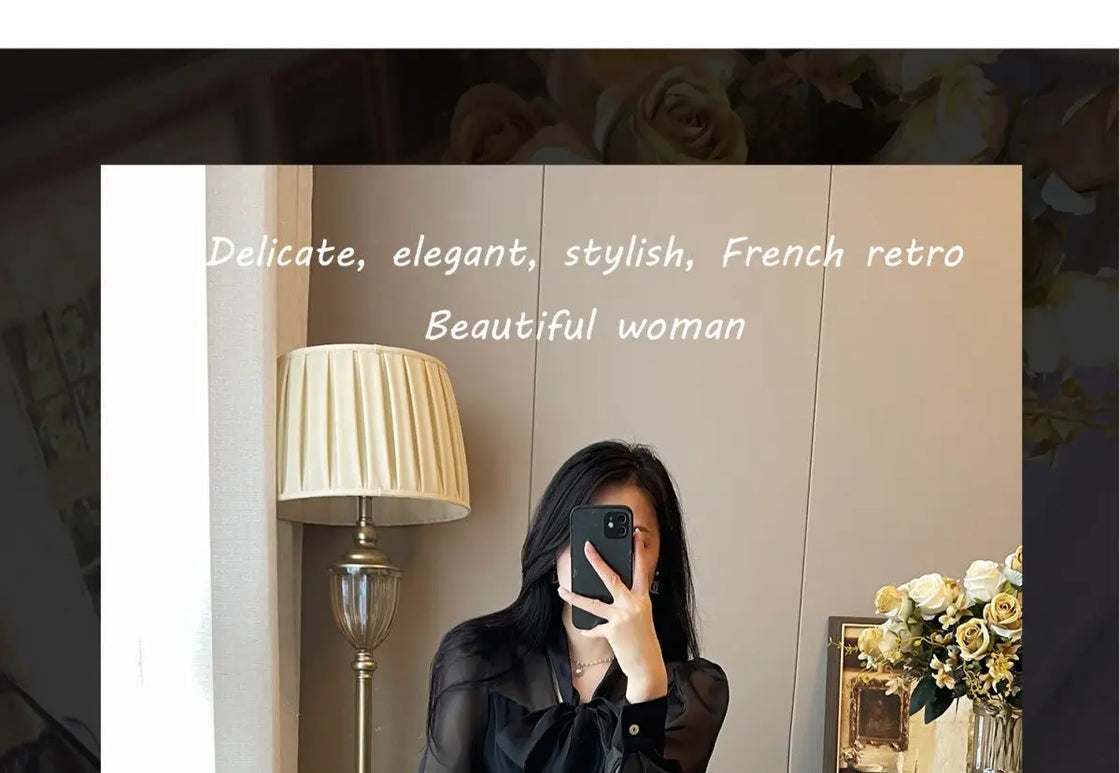 Women Clothing Temperament Chiffon Bow Lacing Thin Shirt Tops Spring Summer New Long Sleeve Solid Elegant Blouse Sexy Fashion