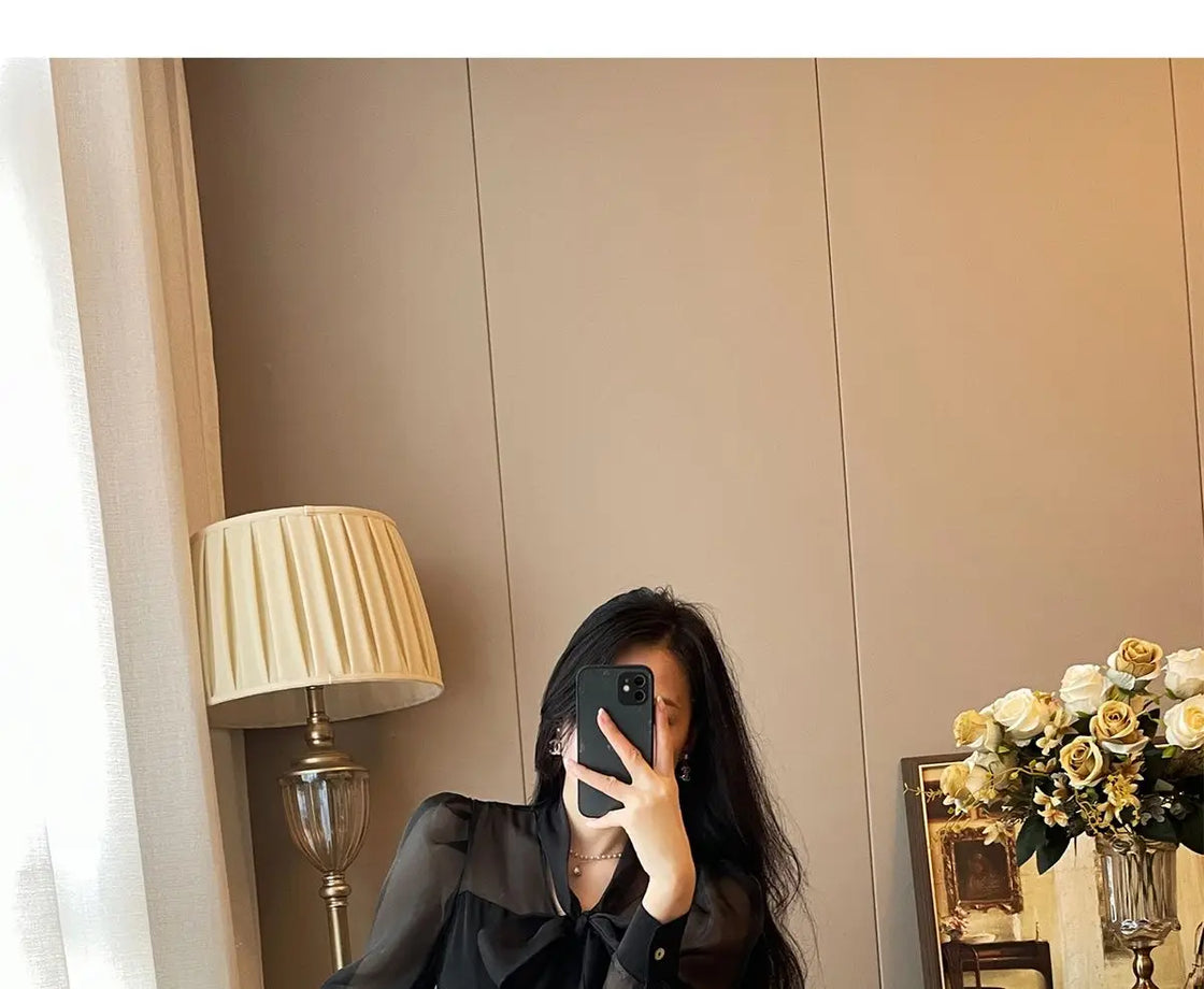 Women Clothing Temperament Chiffon Bow Lacing Thin Shirt Tops Spring Summer New Long Sleeve Solid Elegant Blouse Sexy Fashion