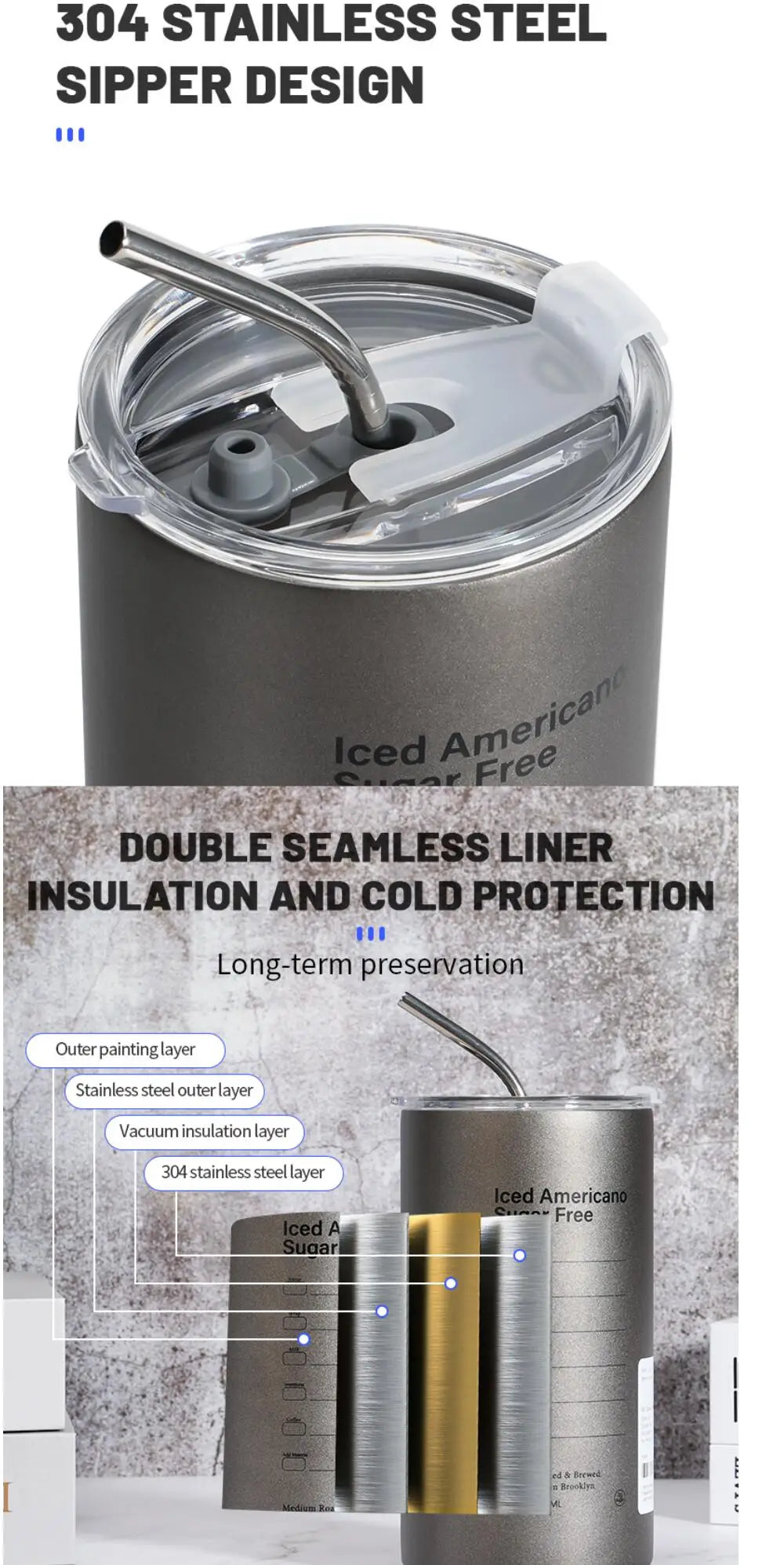 Reusable Coffee Tumbler Cup Double Wall Stainless Steel Vacuum Insulated Travel Coffee Mug with Straw Hot and Cold Mug