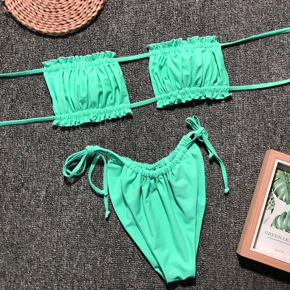 Pleated Bandeau Thong Bikini Set