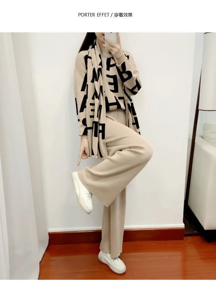 women's Clothing Autumn Winter Women Knited Letter Sweater + Pants + Cape Scarf 3PCS Suits Cappa Wraps Wide Leg Trousers Sets