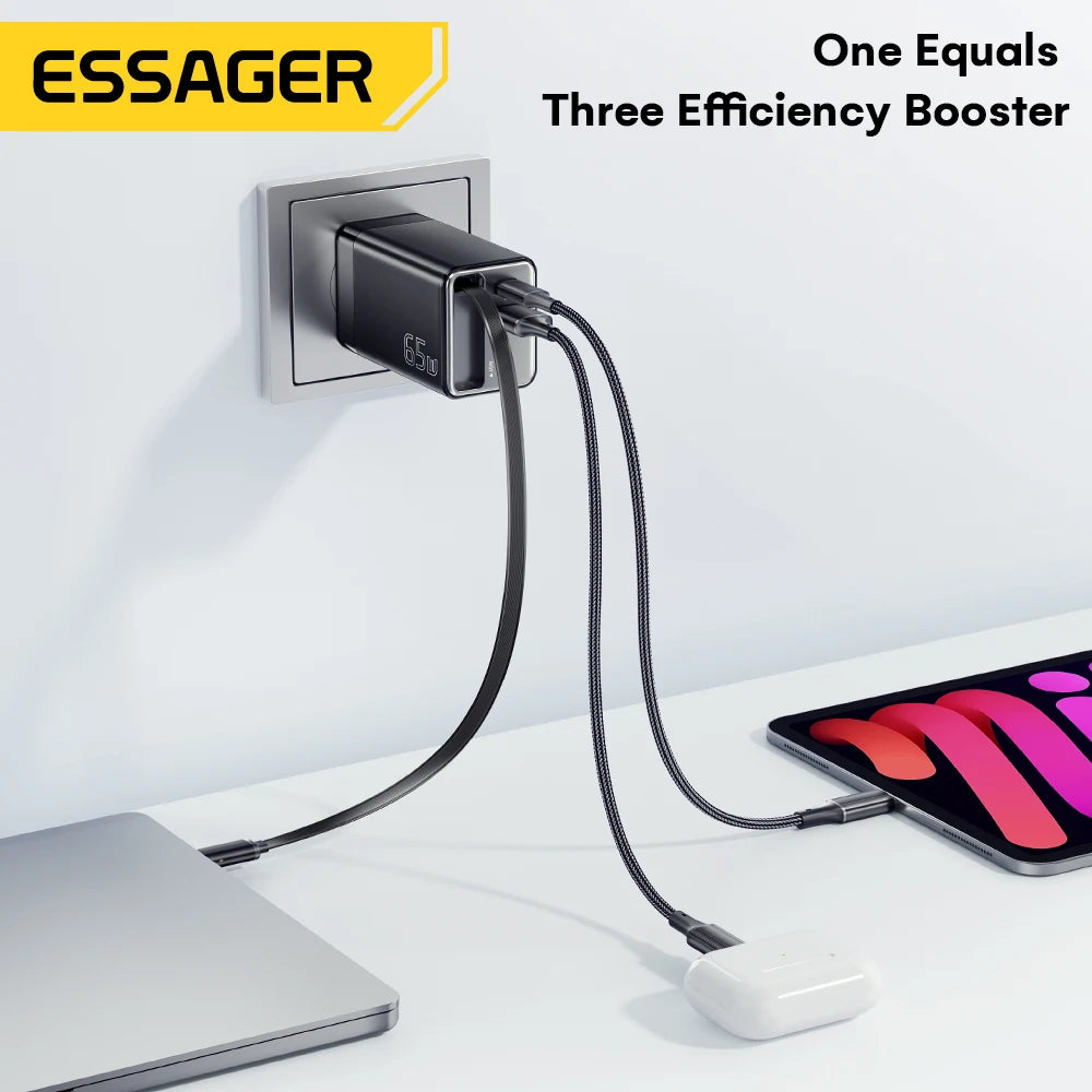 Essager 65W GaN Charger with Retractable Cable PD Fast Charging for Laptop Macbook iPhone 16 15 14 Xiaomi Type-C Phone Charger