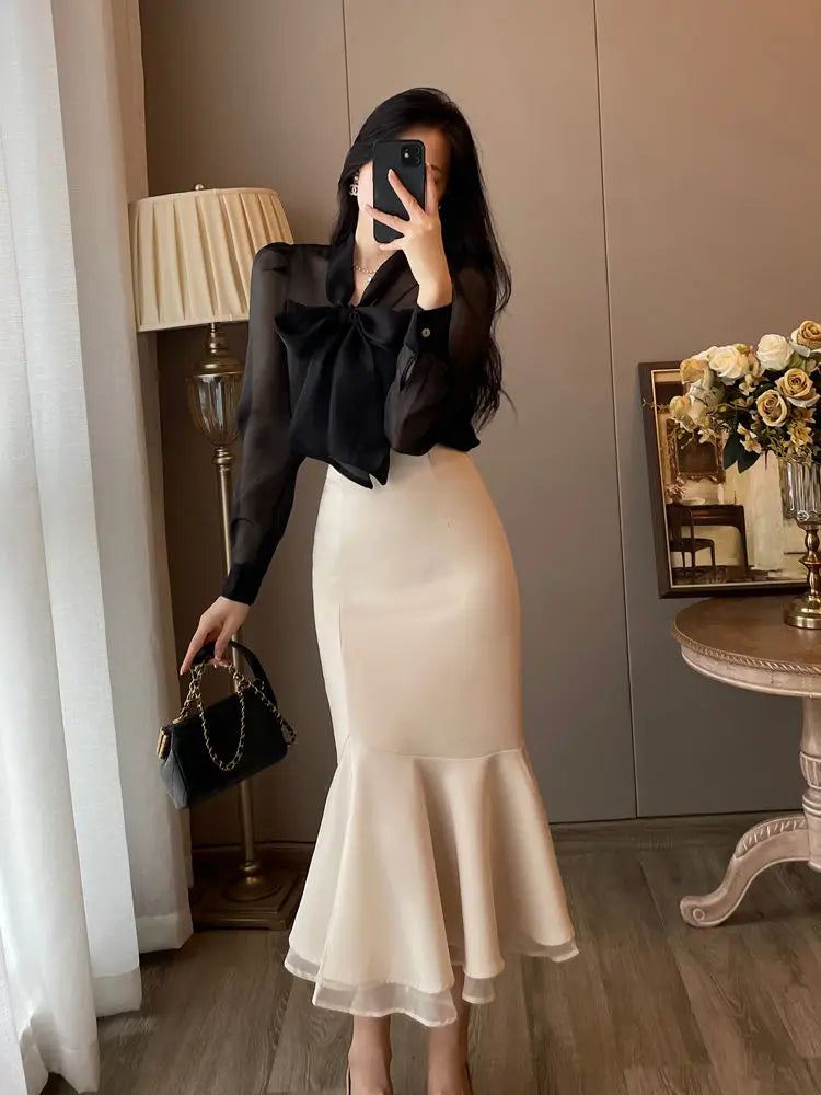Women Clothing Temperament Chiffon Bow Lacing Thin Shirt Tops Spring Summer New Long Sleeve Solid Elegant Blouse Sexy Fashion