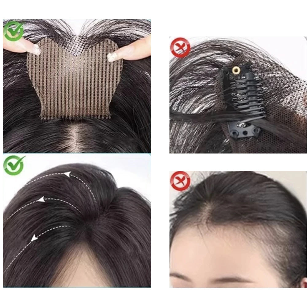 Full coverage with No Clip Human Hair Toppers, crafted specifically for women with thin hair.