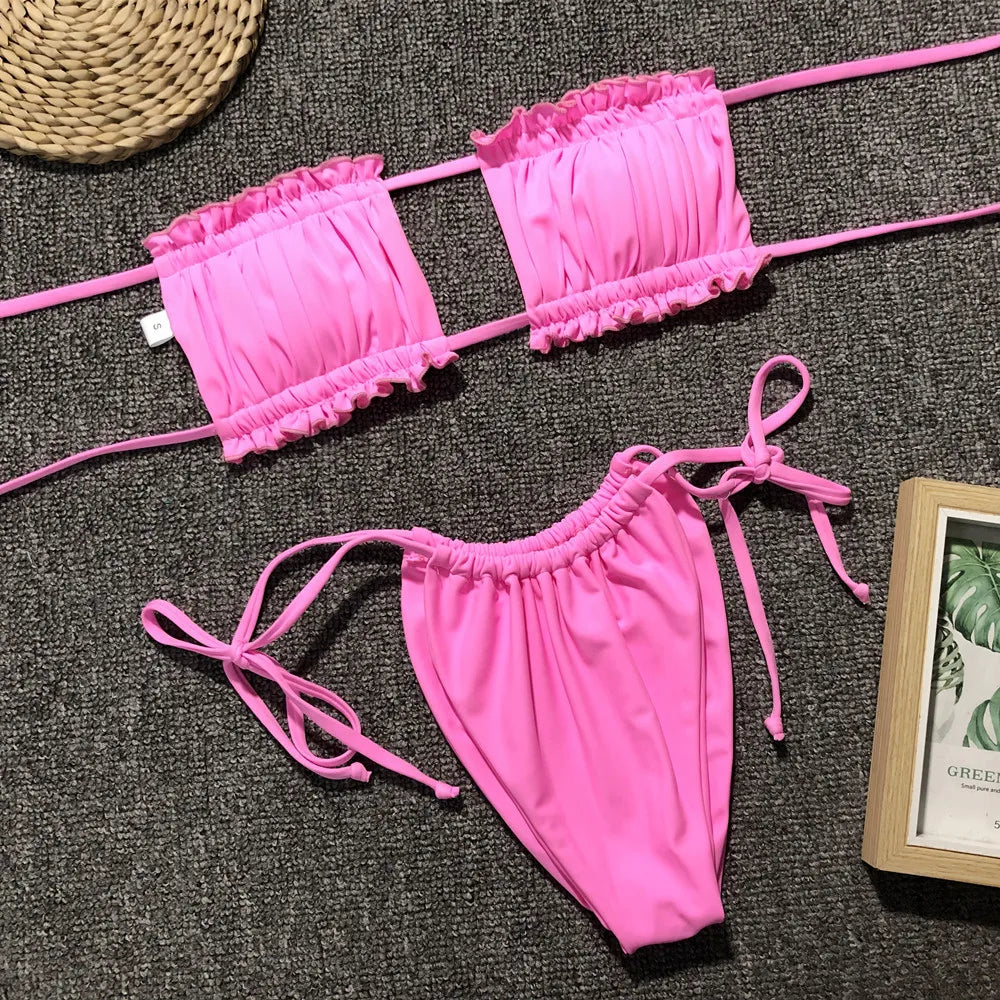 Pleated Bandeau Thong Bikini Set