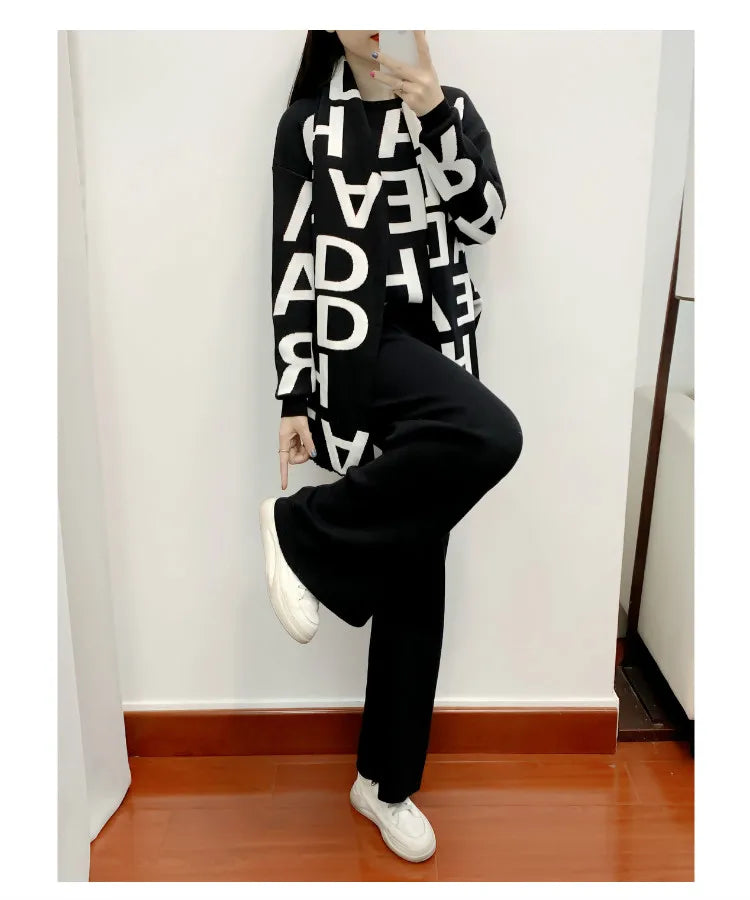 women's Clothing Autumn Winter Women Knited Letter Sweater + Pants + Cape Scarf 3PCS Suits Cappa Wraps Wide Leg Trousers Sets