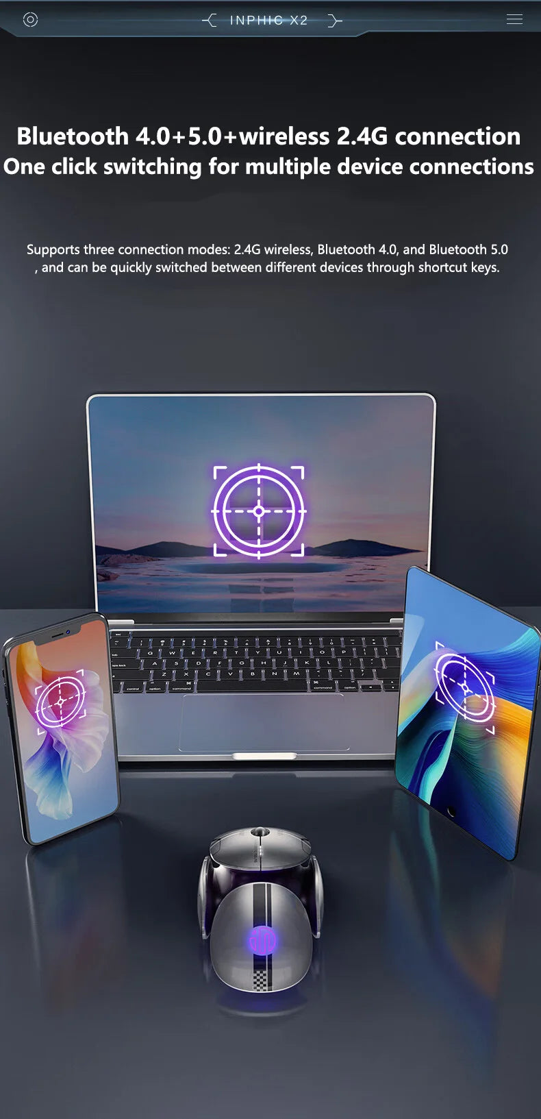 Inphic X2 Silent Bluetooth Mouse Metal Base Rechargeable Wireless Gaming Mouse For Computer Laptop Office Game