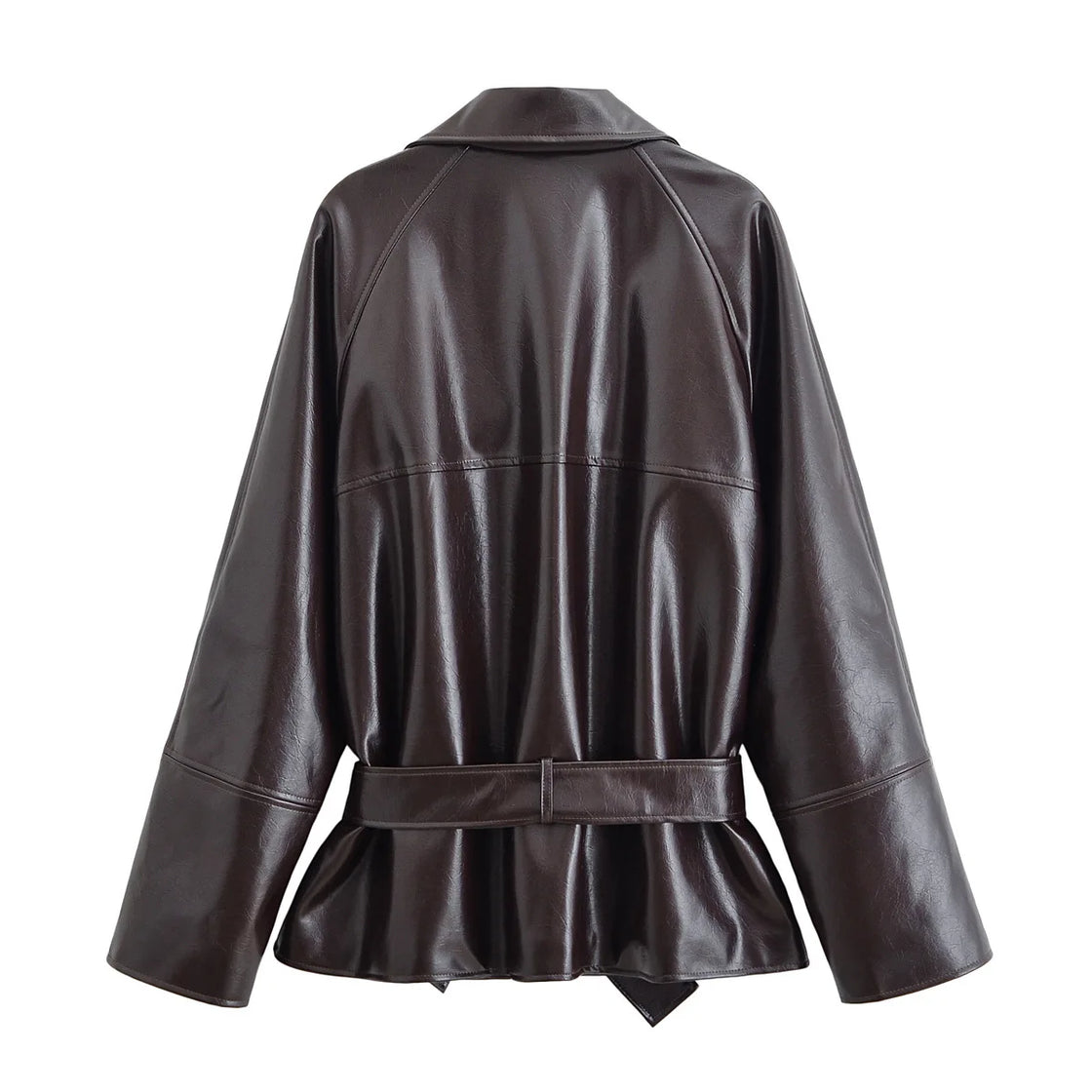 Women's clothing 2025 early autumn new fashionable simple temperament belt lapel imitation leather windbreaker