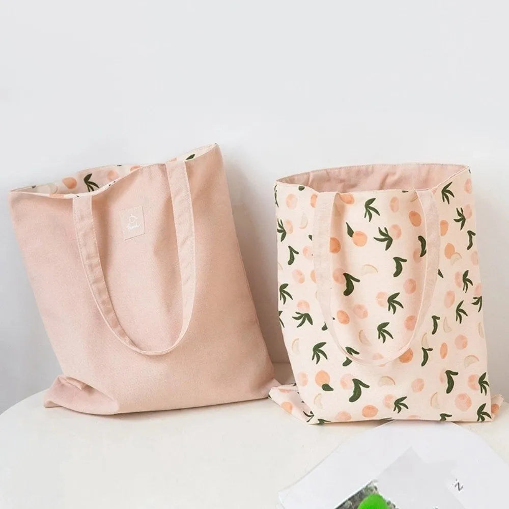 Portable Eco-friendly Canvas Cloth Bags Lightweight Exquisite Shopping Bags Reusable Foldable Double-sided Bags Daily Use