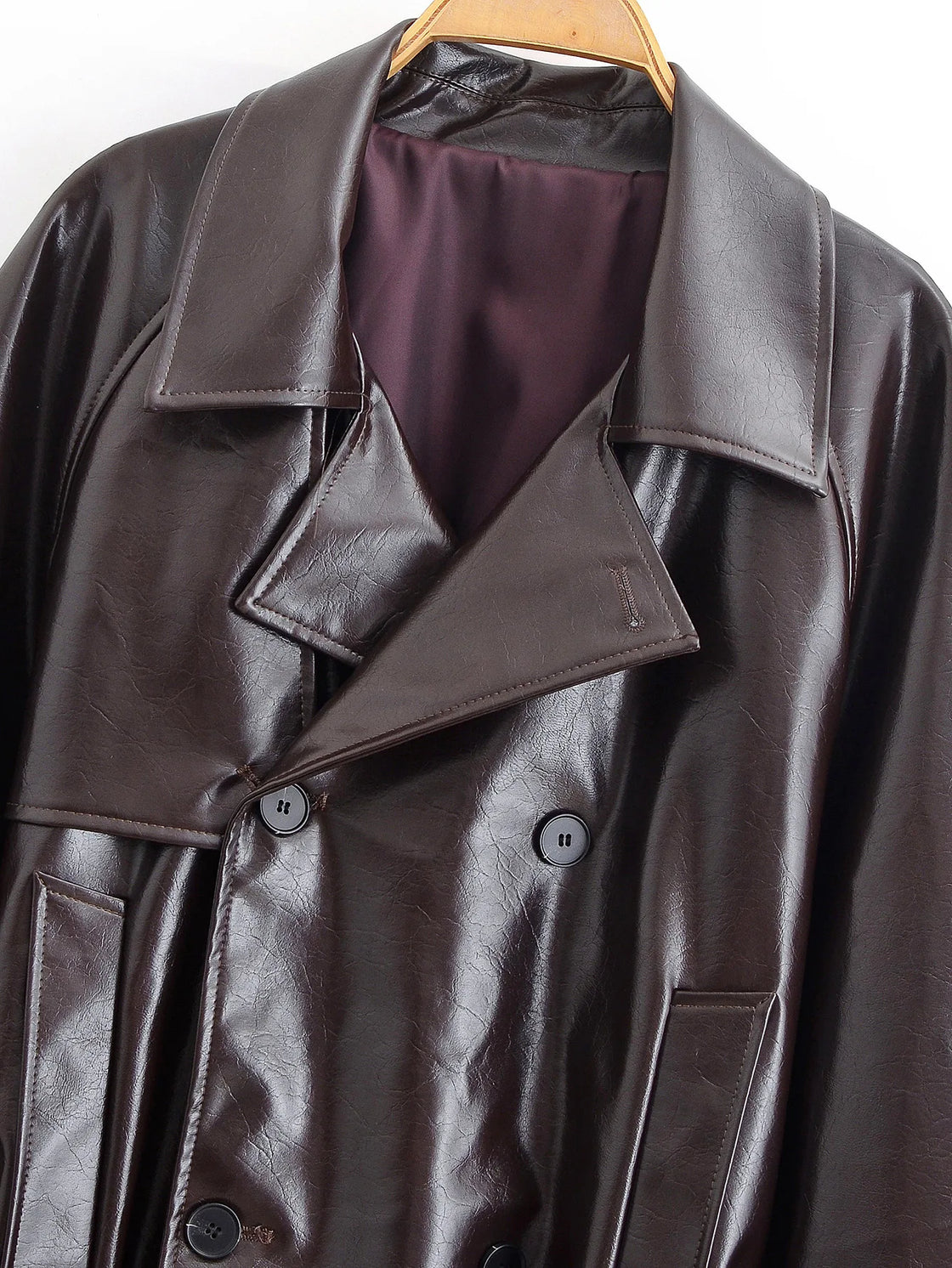 Women's clothing 2025 early autumn new fashionable simple temperament belt lapel imitation leather windbreaker