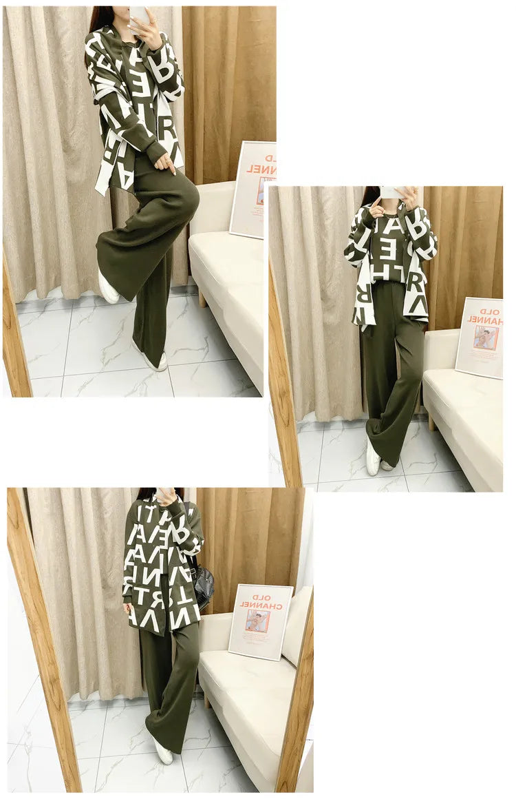 women's Clothing Autumn Winter Women Knited Letter Sweater + Pants + Cape Scarf 3PCS Suits Cappa Wraps Wide Leg Trousers Sets