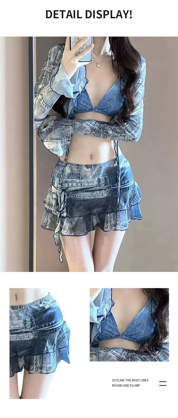 Bikini Swimsuit Fashion Retro Denim Blue Bikini Four Piece Women's Sexy Lingerie Spa Beach Vacation Slim Sexy Hottie Swimwear