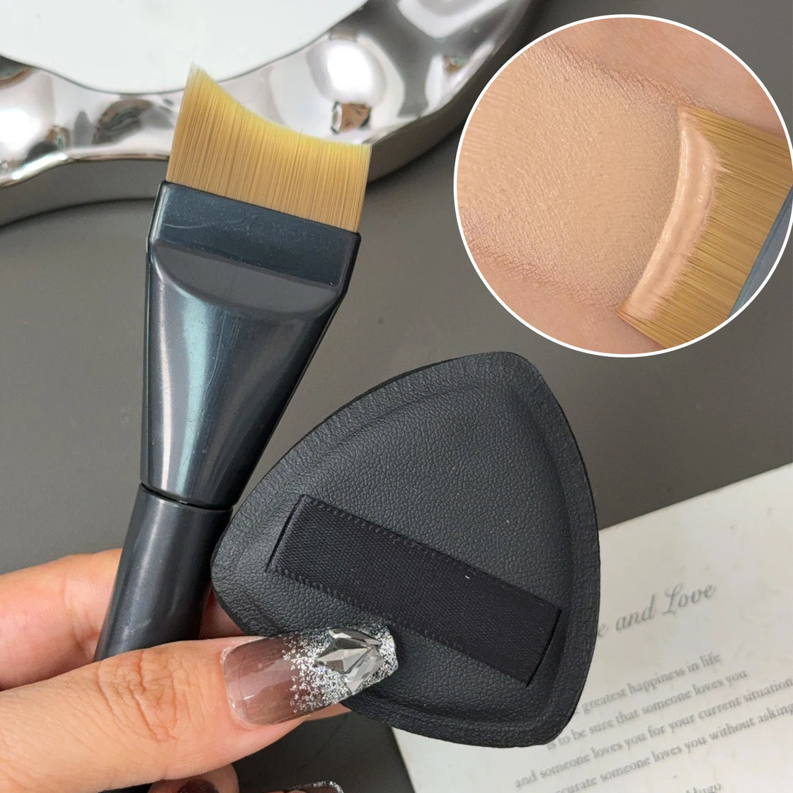 Travel-ready packaging of the 3pcs Foundation Makeup Tools Kit, showcasing its utility as portable makeup tools.