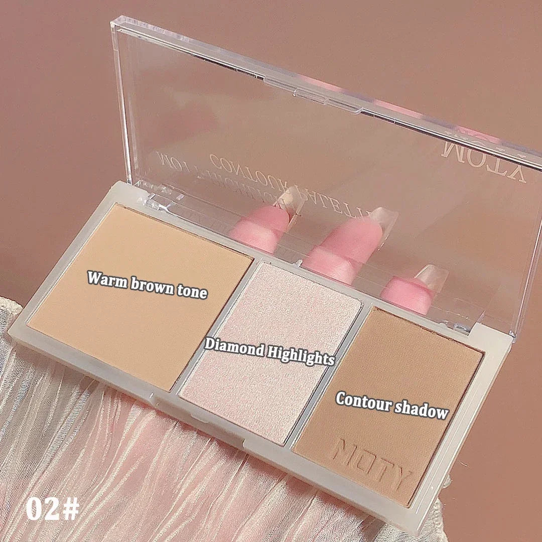 Lively arrangement of the 3-Color Bronzer Contouring Palette with illuminating shades, a stylish addition to your highlighter contouring kit.