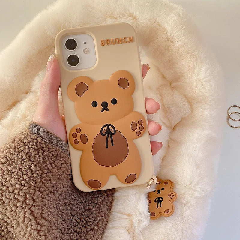 Cartoon Cute 3D Bear Doll Pendant High Quality Silicone Cover for Iphone 15 14 13 12 11Pro MAX XS XR 7 8plus SE2020 Phone Case