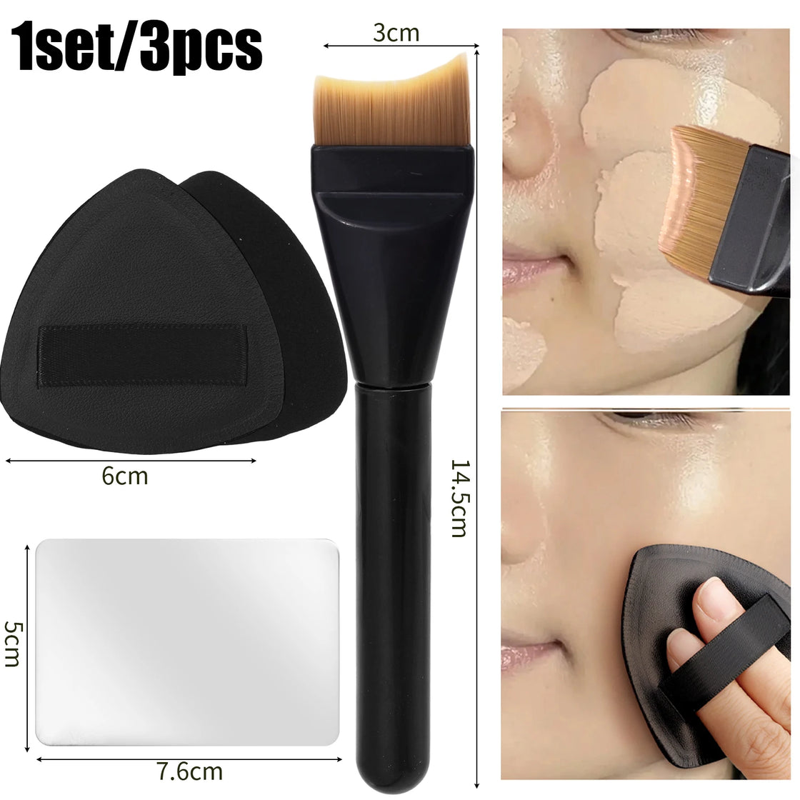 Flat lay of the essential items in the 3pcs Foundation Makeup Tools Kit, perfect for those in need of portable makeup tools.
