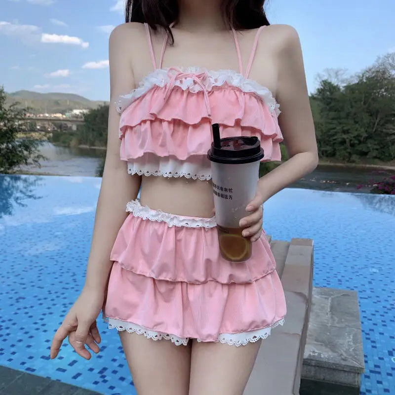 Bikini Sets Women Kawaii Girlish Design Tender Teens Slim Chic Летние Beach Simple Feminino Daily Ruffles Japan Style Cool Sexy