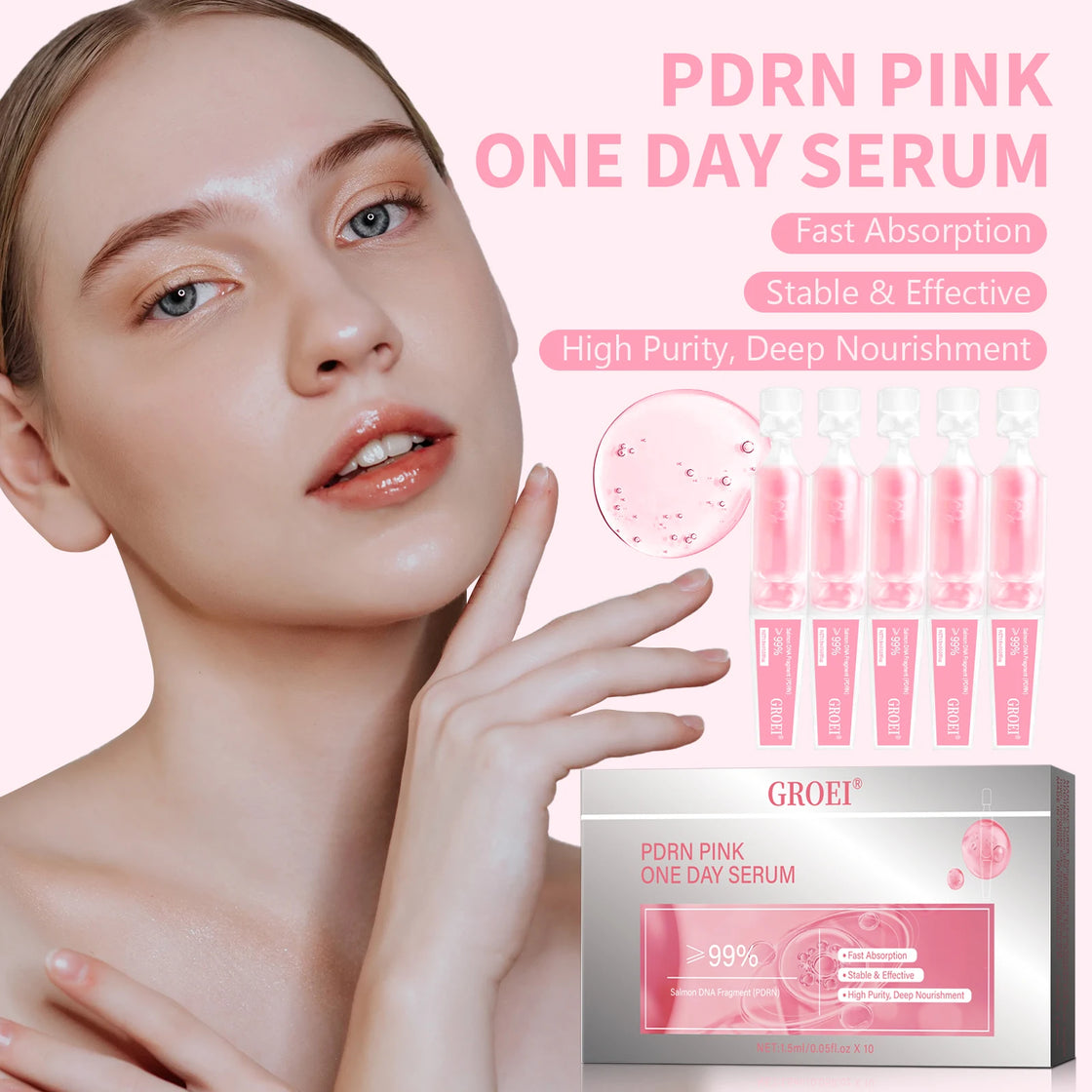 PDRN Pink One Day Serum, a deep moisturizing serum that reduces sagging skin and enhances radiance.