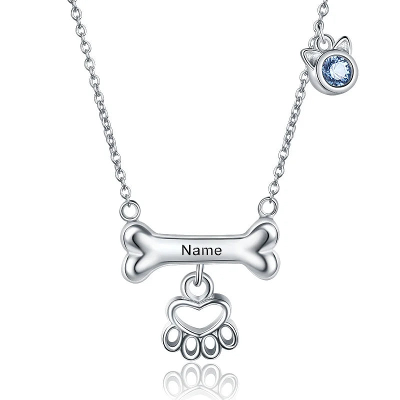 Xiaojing925 Sterling Silver Custom Dog Bone Paw Pendant Necklace Engraved Name and Birthstone Fashion Jewelry for Gift Free Ship