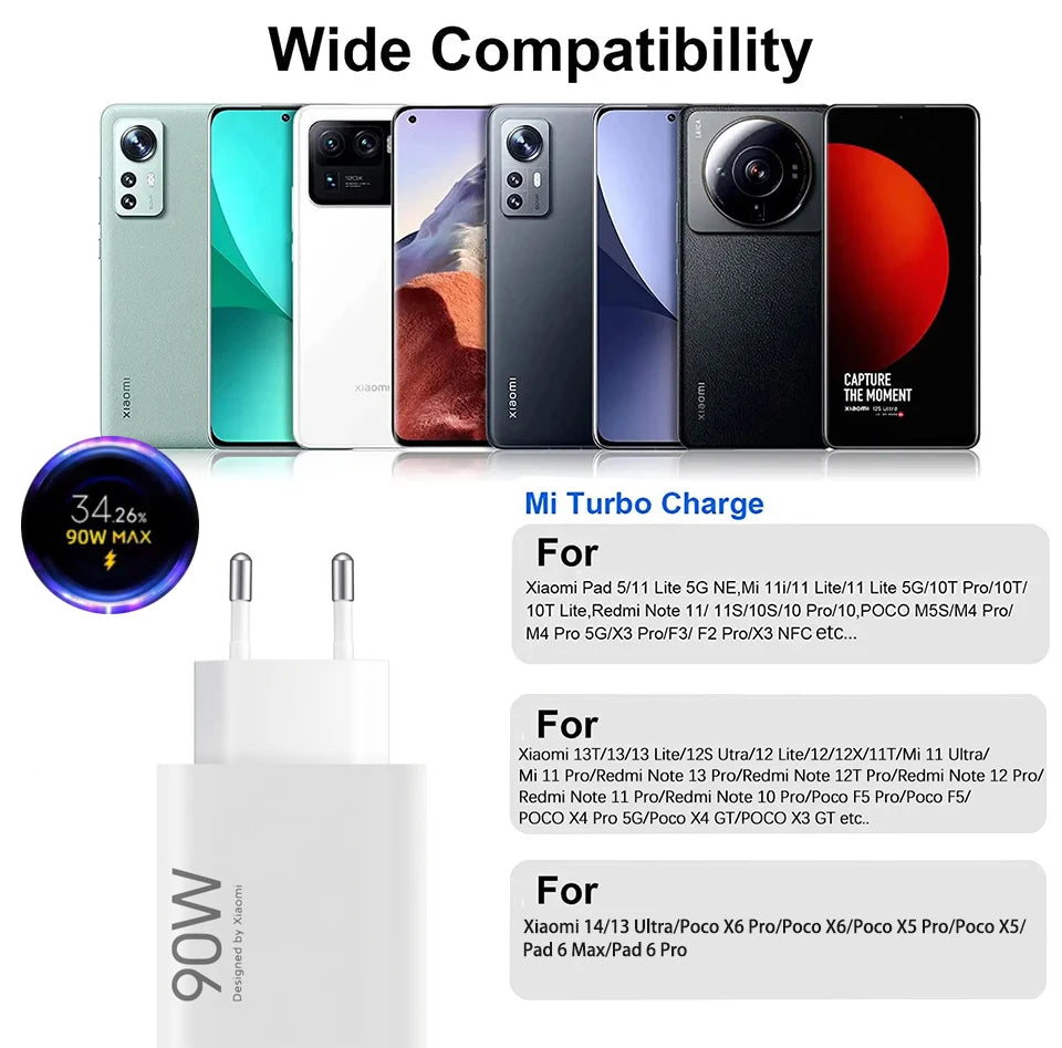 Xiaomi Charger 90w Usb C Hyper Fast Charge 90 Watt Super Chargers Xiao Mi Turbo 4 Poco F7 Pro X7 15 Ultra 14 13 Redmi Note 12