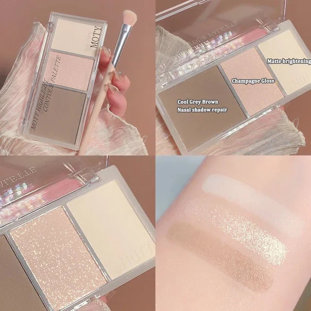 The 3-Color Bronzer Contouring Palette Face Matte Brown, showcasing versatility in tones for contouring, perfect with this highlighter contouring kit.