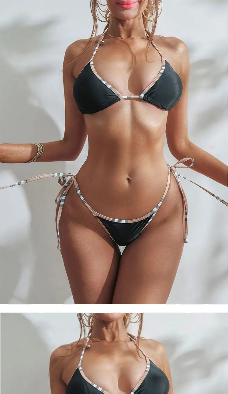 Designer Check Print Bikini Set