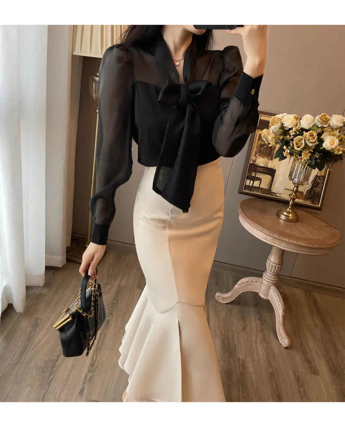 Women Clothing Temperament Chiffon Bow Lacing Thin Shirt Tops Spring Summer New Long Sleeve Solid Elegant Blouse Sexy Fashion