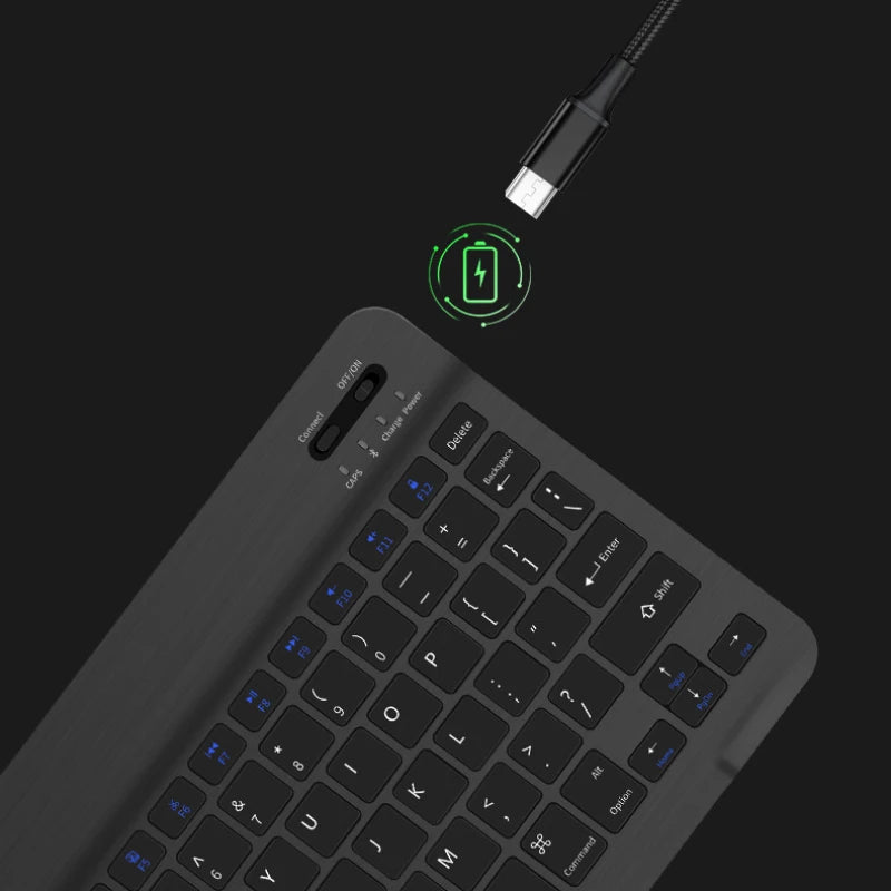 Close-up of a black Bluetooth keyboard for iPad 2024 with USB charging port, by Orbit Gear.