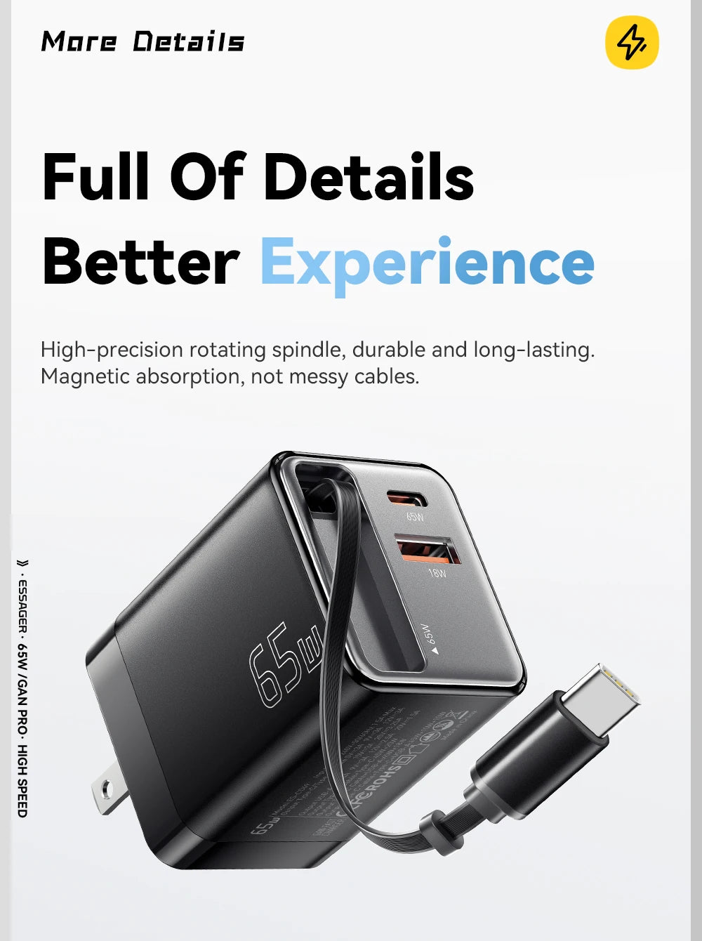Essager 65W GaN Charger with Retractable Cable PD Fast Charging for Laptop Macbook iPhone 16 15 14 Xiaomi Type-C Phone Charger