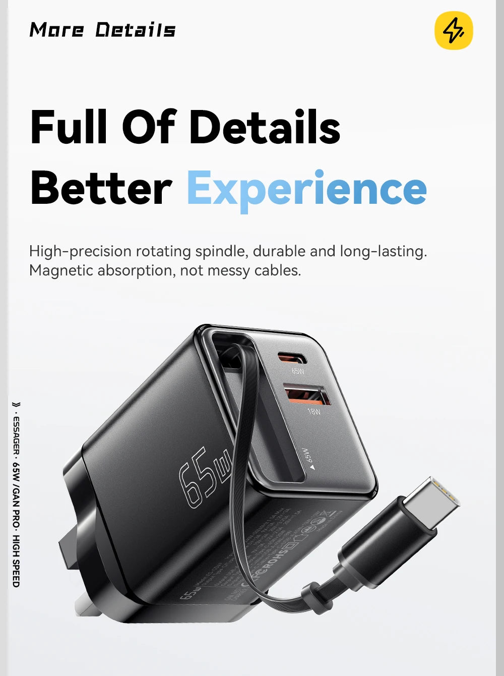 Essager 65W GaN Charger with Retractable Cable PD Fast Charging for Laptop Macbook iPhone 16 15 14 Xiaomi Type-C Phone Charger