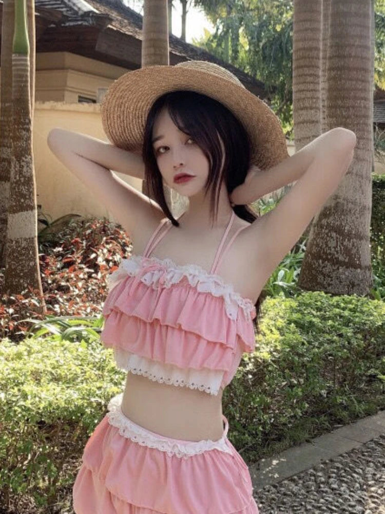 Bikini Sets Women Kawaii Girlish Design Tender Teens Slim Chic Летние Beach Simple Feminino Daily Ruffles Japan Style Cool Sexy