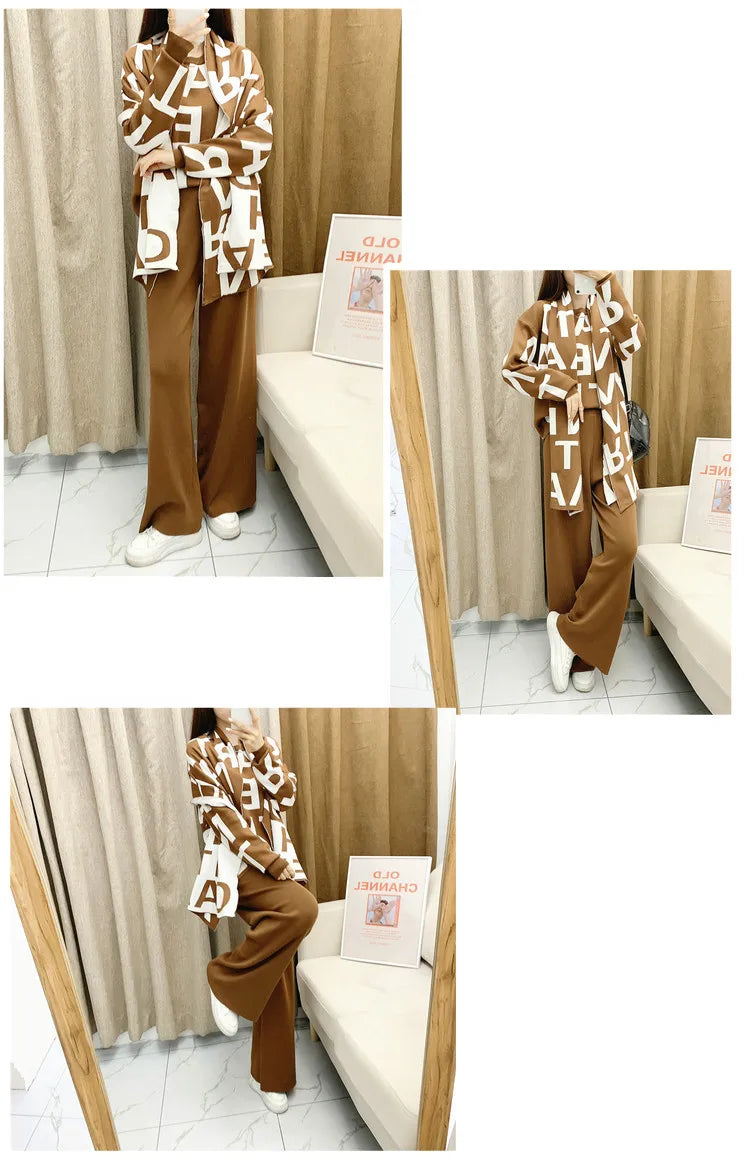 women's Clothing Autumn Winter Women Knited Letter Sweater + Pants + Cape Scarf 3PCS Suits Cappa Wraps Wide Leg Trousers Sets