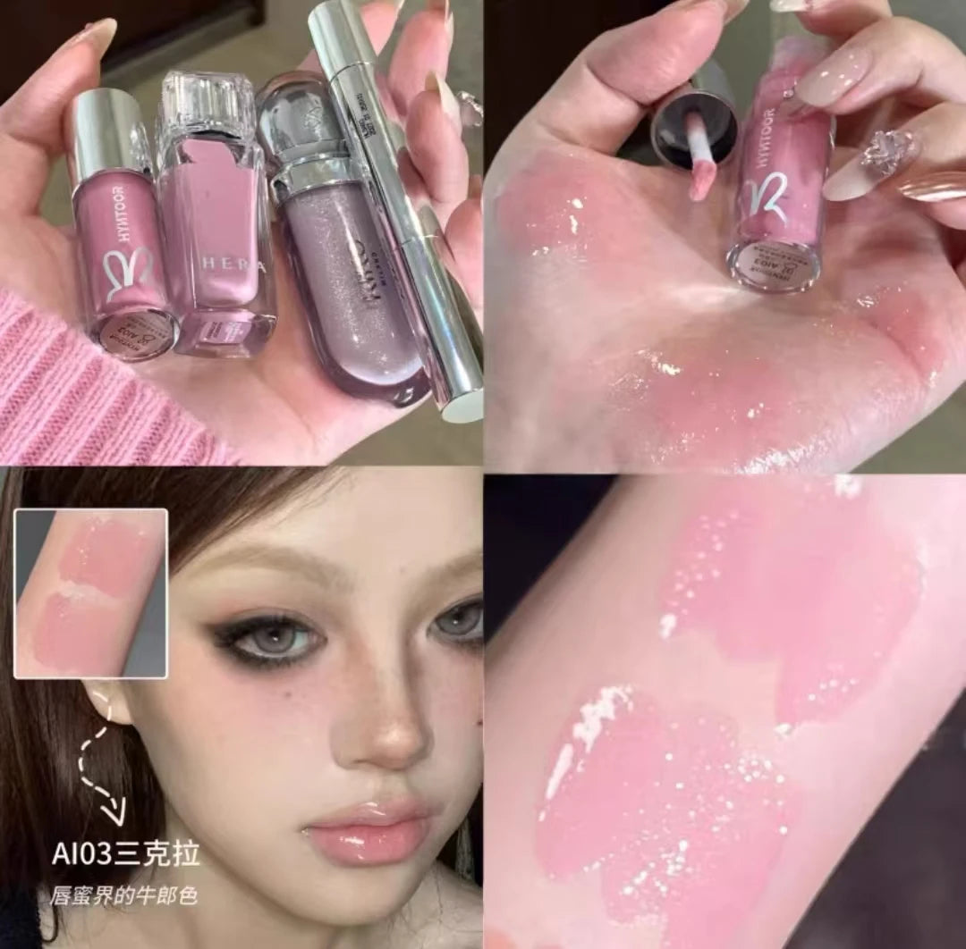 HYNTOOR Lip Gloss with flowers, an aesthetic portrayal of shiny lip gloss for dry lips.