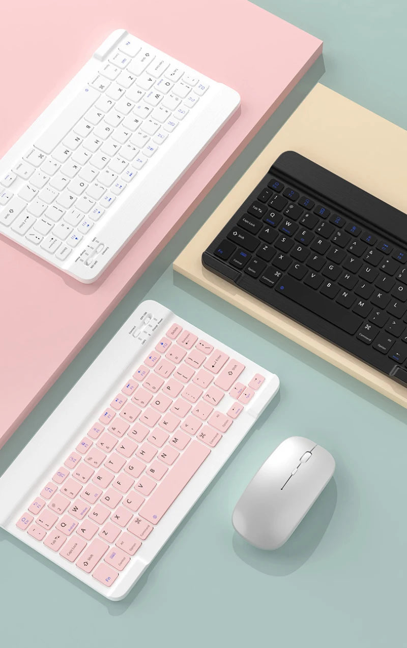 Flat lay of various color options of Bluetooth keyboards for iPad 2024, by Orbit Gear.