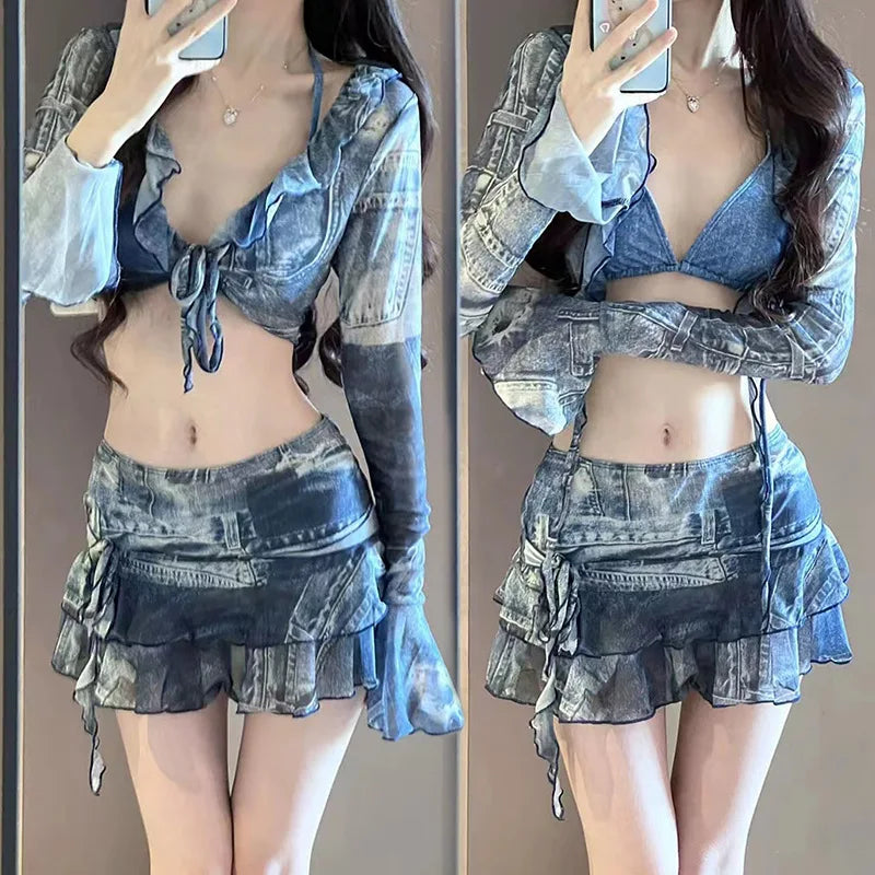 Bikini Swimsuit Fashion Retro Denim Blue Bikini Four Piece Women's Sexy Lingerie Spa Beach Vacation Slim Sexy Hottie Swimwear