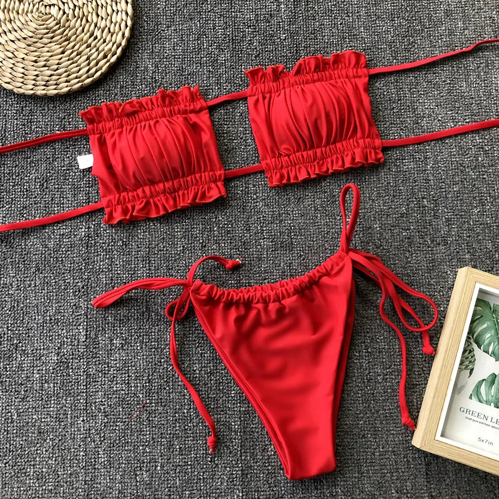 Pleated Bandeau Thong Bikini Set