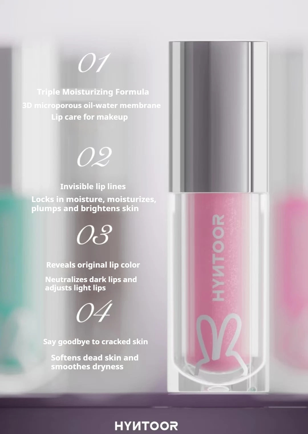 HYNTOOR Lip Gloss in different shades, the go-to shiny lip gloss for dry lips suitable for various skin tones.