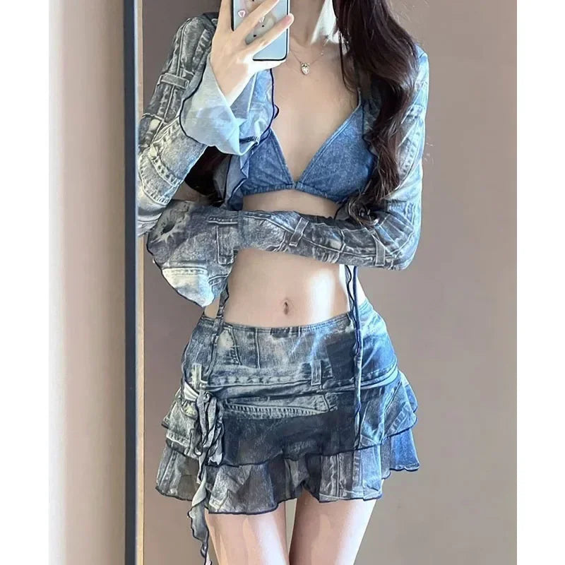 Bikini Swimsuit Fashion Retro Denim Blue Bikini Four Piece Women's Sexy Lingerie Spa Beach Vacation Slim Sexy Hottie Swimwear