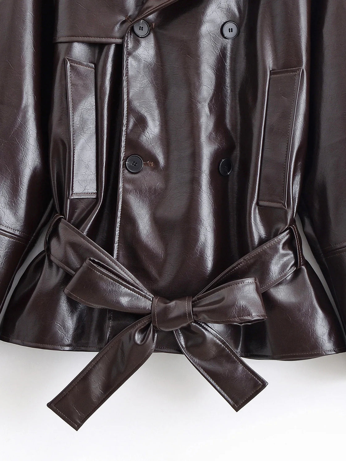 Women's clothing 2025 early autumn new fashionable simple temperament belt lapel imitation leather windbreaker