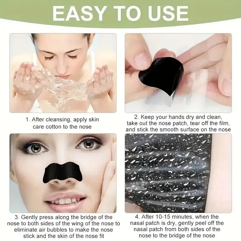 Steps to using 100PCS Premium Bamboo Charcoal Nose Strips for effortless blackhead removal.