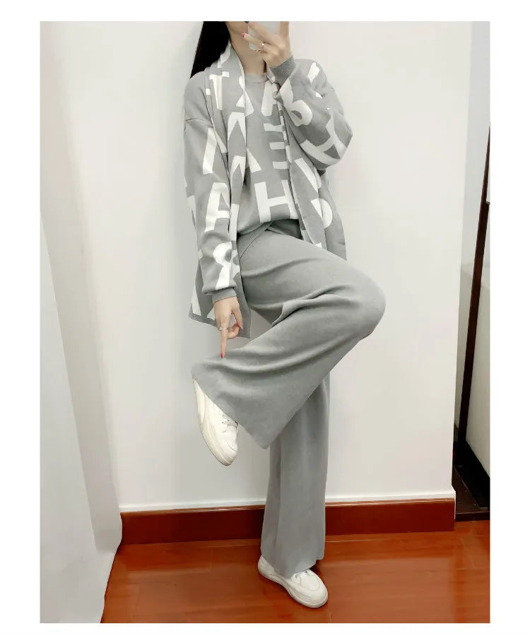 women's Clothing Autumn Winter Women Knited Letter Sweater + Pants + Cape Scarf 3PCS Suits Cappa Wraps Wide Leg Trousers Sets