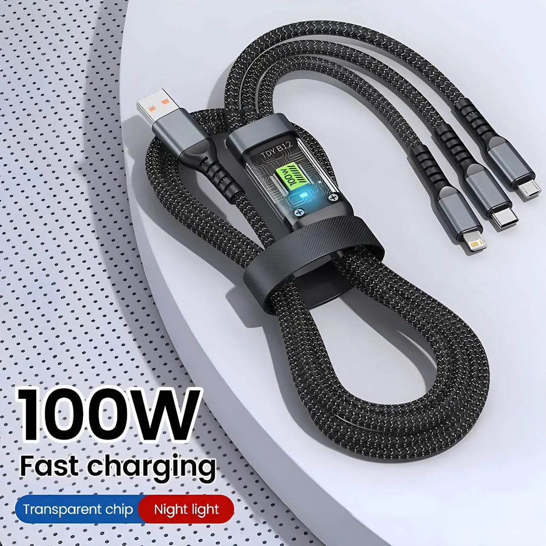The 100W 3-In-1 Fast Charging Cable in use, demonstrating fast charging technology with diverse device compatibility.