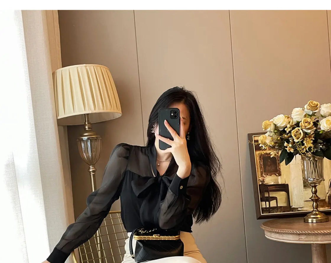 Women Clothing Temperament Chiffon Bow Lacing Thin Shirt Tops Spring Summer New Long Sleeve Solid Elegant Blouse Sexy Fashion